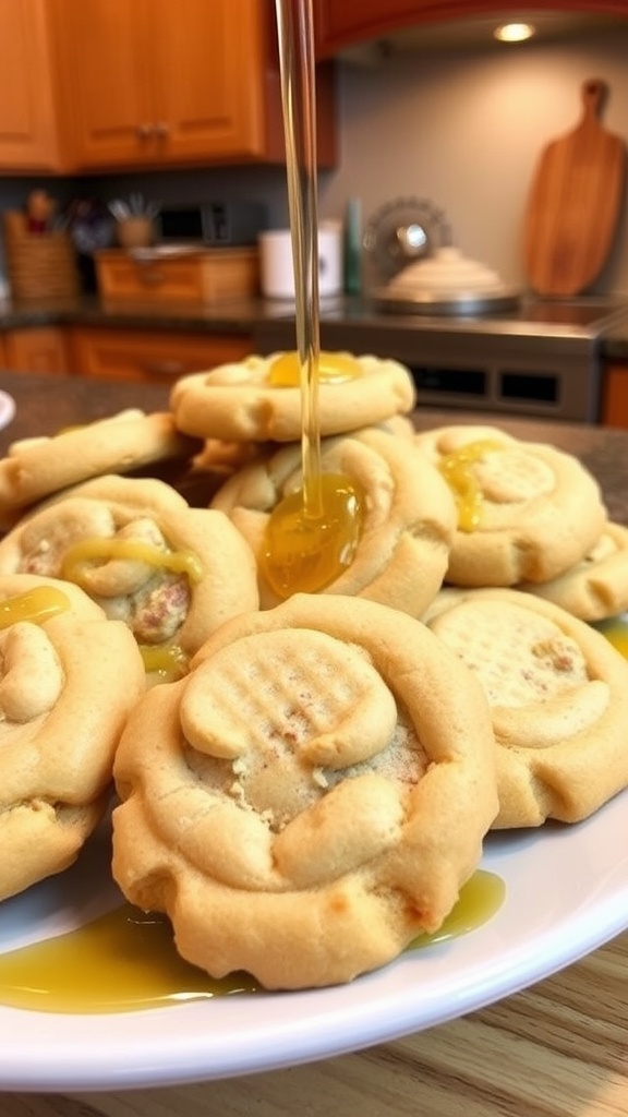 Delicious Honey Maple Matzah Cookies Recipe A plate filled with honey maple matzah cookies, golden brown, with a drizzle of honey, on a warm kitchen table.